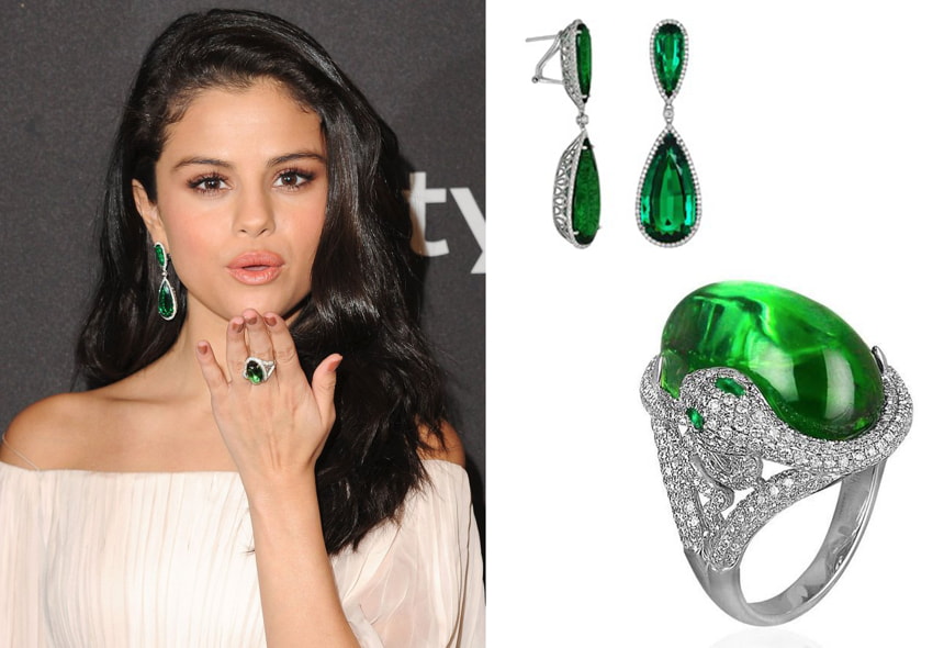 Selena Gomez đeo bộ trang sức đá Tourmaline xanh lục