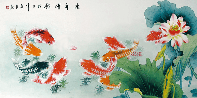 Treo tranh  phong thủy – Cửu ngư quần hội (9 con cá chép trong hồ hoa sen)